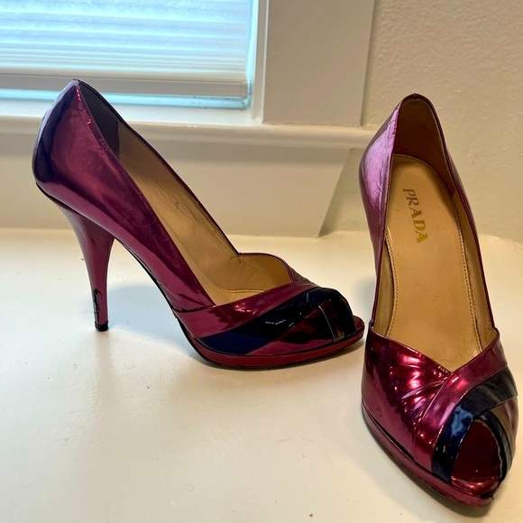 Prada Shoes - Prada Metallic Pink platform heels
